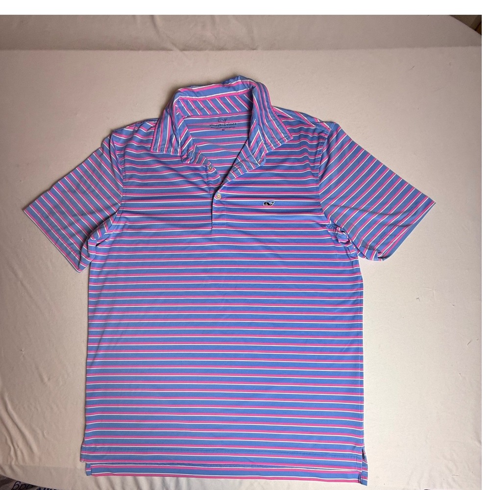 Vineyard Vines Striped Polo Shirt Blue Pink Medium  Short Sleeve Whale Logo-958